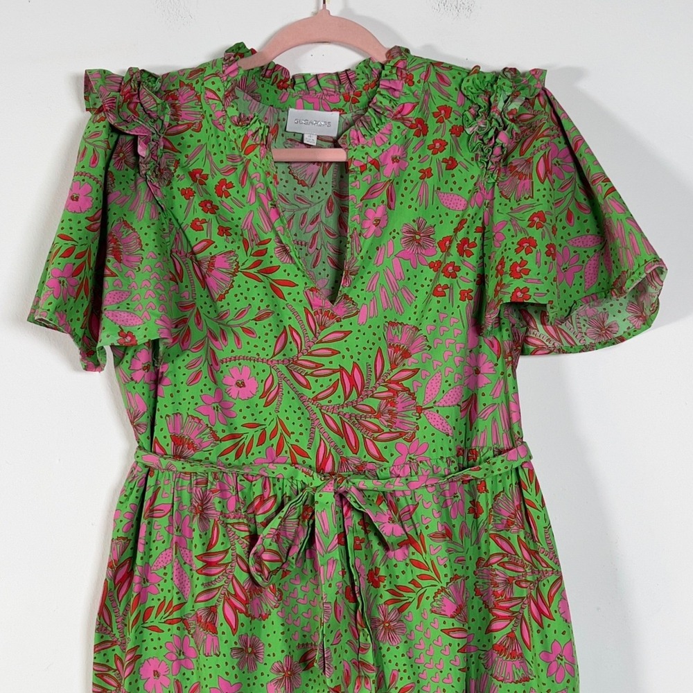 Sugarlips Tiered Midi Dress Sz M Green Pink Floral Ruffle Flutter Sleeve Belted - Picture 4 of 13